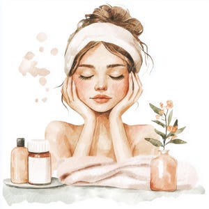 May include: A watercolor illustration of a woman with her eyes closed, resting her hands on her cheeks. She is wearing a white headband and has a towel wrapped around her shoulders. There are two bottles of lotion and a vase with flowers on the table in front of her.