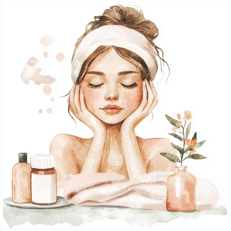 May include: A watercolor illustration of a woman with her eyes closed, resting her hands on her cheeks. She is wearing a white headband and has a towel wrapped around her shoulders. There are two bottles of lotion and a vase with flowers on the table in front of her.