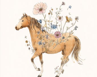 Watercolor Baby Horse Clipart | Foal Floral Illustration, Cute Pony Art Print | Farm Animal Nursery Wall Art | Boho Wildflower Horse Digital