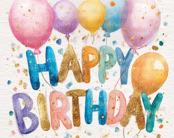 Birthday Card PNG, Printable Balloon Illustration, Watercolor Birthday Clipart, Digital File for Card Making