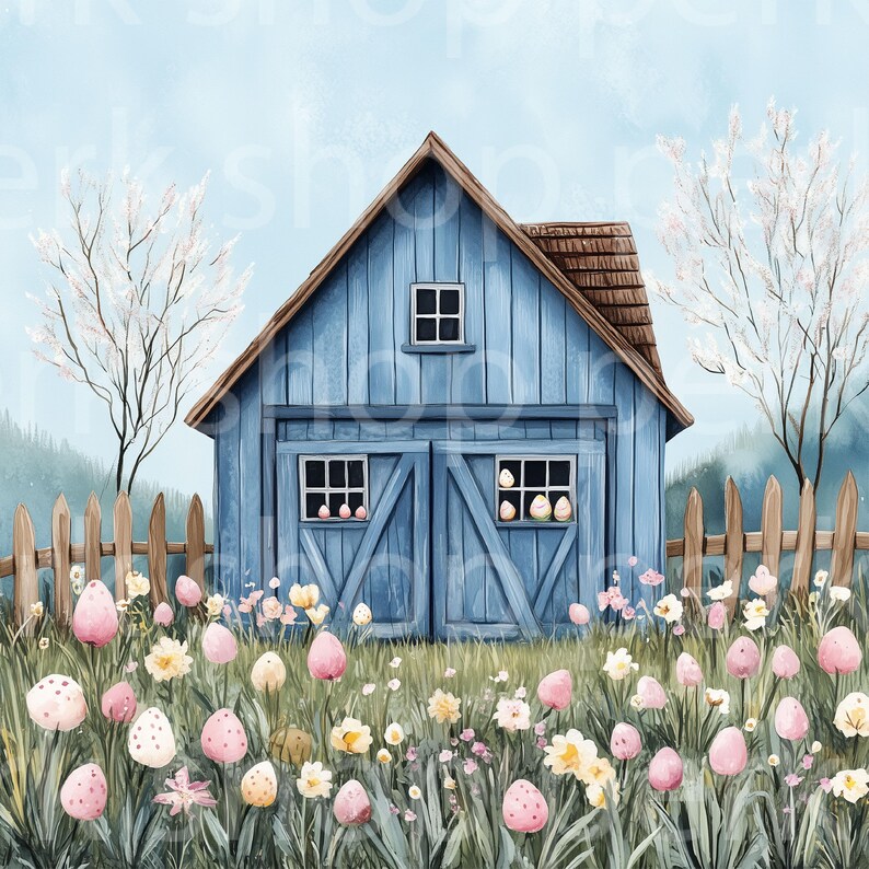 Spring Barn Drawings Watercolor Easter Barn Clipart: Spring Farmhouse Scene (digital Art) - Etsy