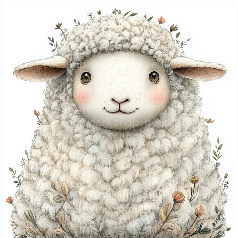 May include: A white fluffy sheep with a friendly expression, surrounded by small white and pink flowers. The sheep has a white face with brown eyes and a pink nose.