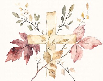 Watercolor Autumn Leaves Cross Clipart, Christian Thanksgiving (PDF)