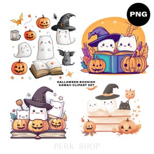 12 PNG Kawaii Halloween Cliparts mit niedlichem Geist, Kürbissen und Katze, Buchliebhaber druckbare Kunst, digitaler Download Aufkleber, Junk Journal Cartoon
