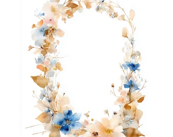 Watercolor Floral Wreath Clipart, Boho Wedding Frame PNG, Wildflower Border Illustration, Romantic Botanical Digital Download