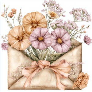 12 flores silvestres en un sobre, clipart, sobre floral, clipart de acuarela imprimible, archivos JPG de alta calidad, descarga digital, manualidades de papel, diario