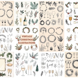 Vintage Christmas icons, Hand drawn Xmas Clipart, Coquette dinner doodles, Holidays illustrations, craft cards, scrapbook paper, digital set