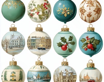 Vintage Christmas Ornaments Watercolor Clipart: Retro Holiday Baubles (Digital Download)