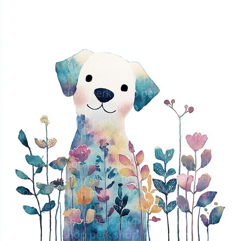 Watercolor Dog Clipart PNG, Cute Puppy Illustration, Botanical Dog Art, Pet Clipart, Nursery Animal Decor, Colorful Dog PNG image 7