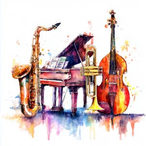 10 aquarel jazzinstrumenten clipart | Piano, saxofoon, trompet, contrabas JPEG | Muziekbandkunst | Afdrukbaar decor Jazzfestival
