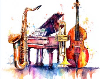 Watercolor Jazz Instruments Clipart: Piano, Saxophone, Trumpet