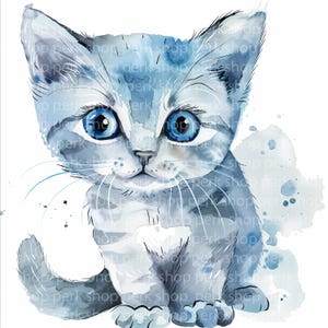 11 cliparts de chats bleus, art mural de chambre d'enfant chat aquarelle, téléchargement numérique fantaisiste, impressions félins, autocollants, scrapbooking, cadeaux pour amoureux des animaux