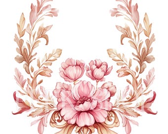 7 PNG Pink Floral Crest, Watercolor romantic monogram clipart, Wedding rose flower frame, Family vintage print - Digital Download, Printable