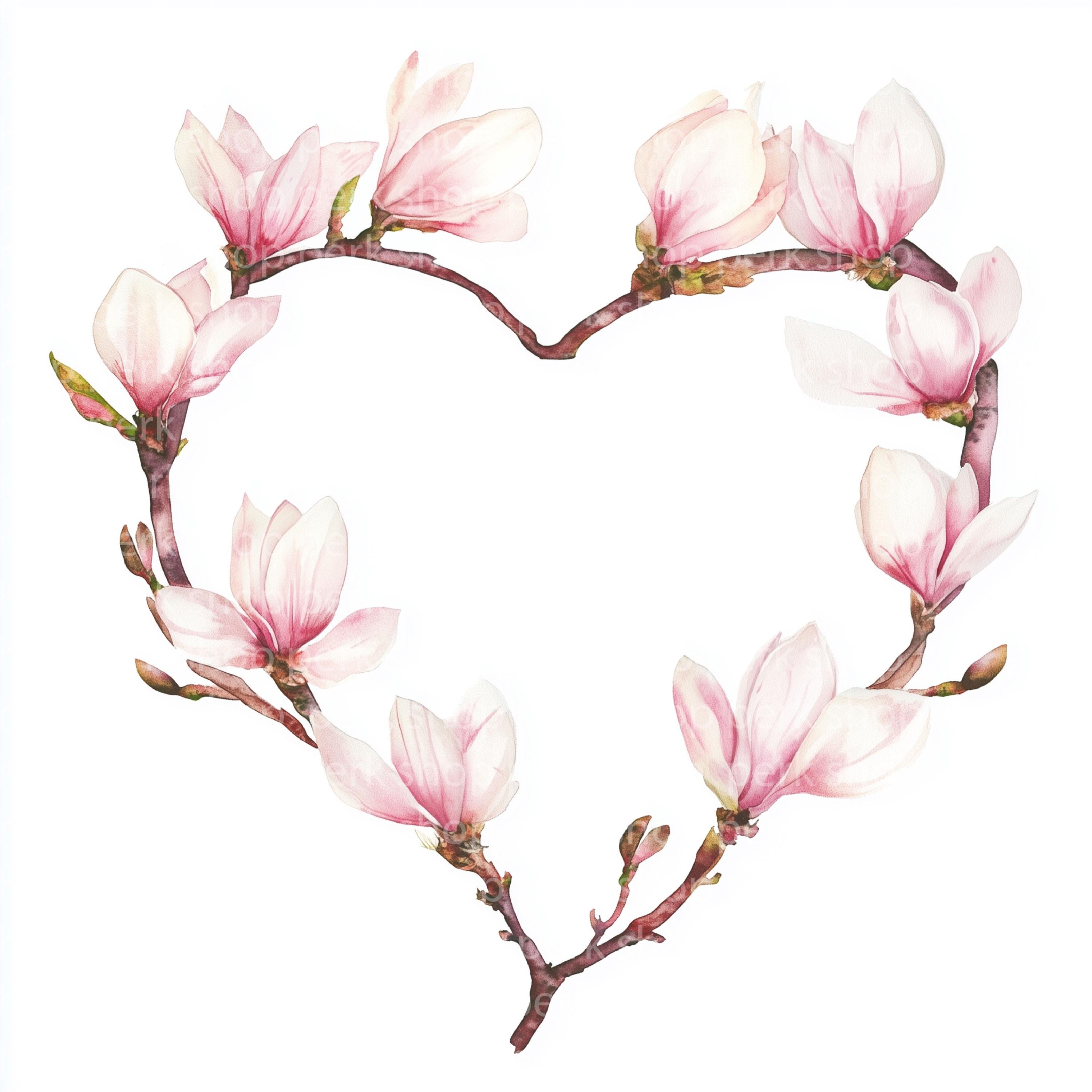 Magnolia Floral Heart Wreath Clipart: Watercolor Spring Flowers ...
