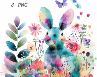 May include: Watercolor illustration of a blue and purple bunny surrounded by colorful flowers and foliage. A purple butterfly floats above the bunny's head. The text "8 PNG" is in the upper left corner. The image has a soft, artistic style.