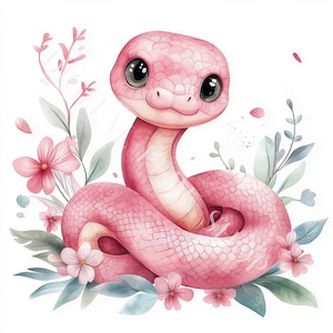 Clipart serpent rose bébé, reptile aquarelle aquarelle art numérique, décoration de chambre d'enfant, conception imprimable de chambre d'enfant, affiche murale animal, téléchargement jpg