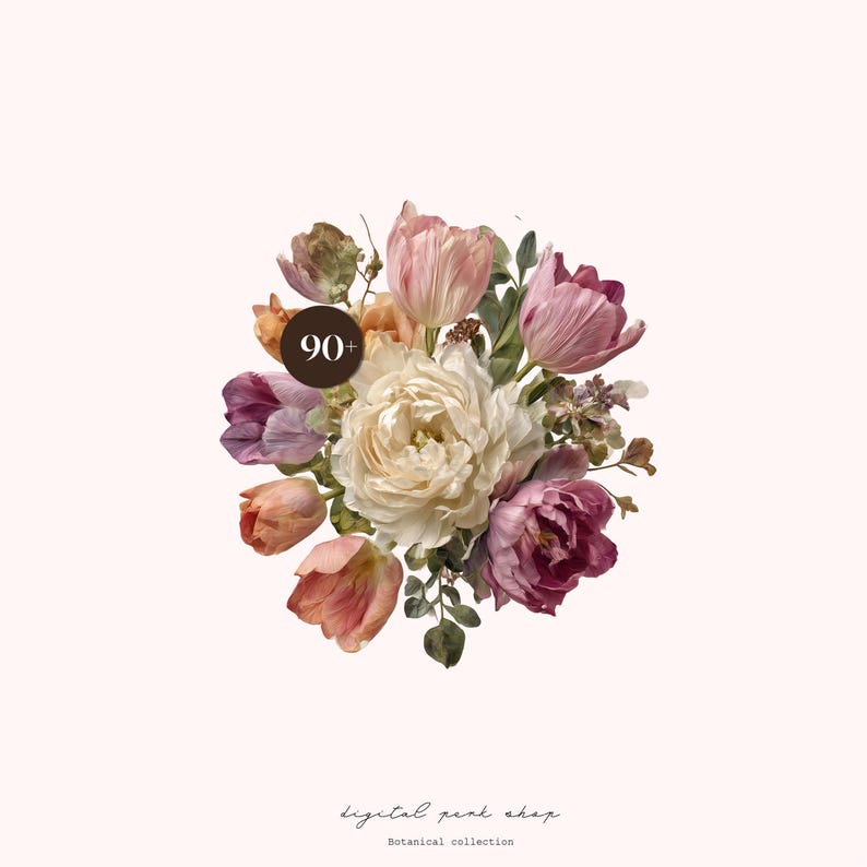 May include: A floral arrangement featuring a central white peony surrounded by various tulips in shades of pink, peach, and deep purple, accented with green foliage. A dark brown circular badge with the white text 90+ is overlaid on the flowers.