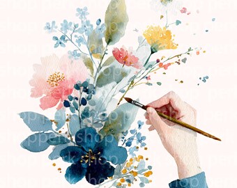 May include: Watercolor painting of a bouquet of flowers in shades of pink, blue, and yellow. A hand holding a paintbrush is adding details to the floral arrangement. The flowers include peonies, daisies, and other blossoms.