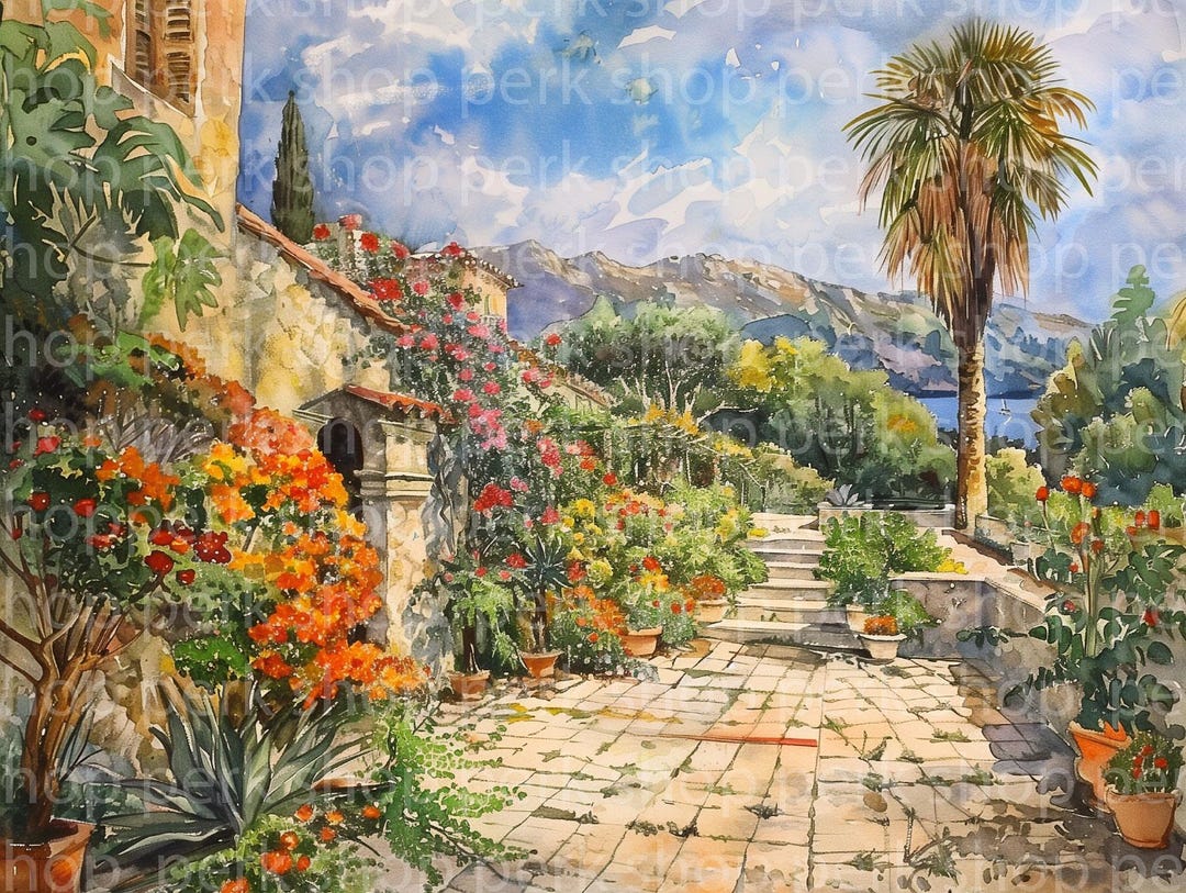 Mediterranean Watercolor Wall Art Printable, Italian Villa Landscape ...