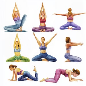 10 yoga retreat clipart, meditatie meisje aquarel, wellness afdrukbaar ambachtelijk papier, sticker, plakboek, digitale download, yogales reizen