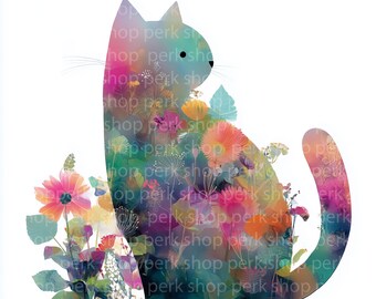 May include: A colorful illustration of a cat silhouette filled with flowers. The cat is in shades of blue, green, pink, and orange. The flowers are a mix of shapes and sizes, with the text "hop perk shop" repeated throughout the image.