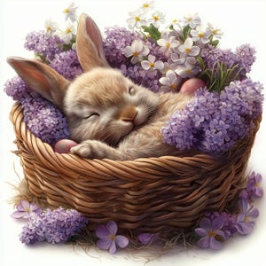 Schlafender Hase Clipart, Osterblumen Clipart, Kaninchen im Korb Blumen, Frühling Aquarell zum Ausdrucken, Handwerk Karte, Junk Journal, Scrapbook