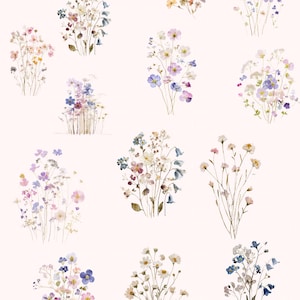 May include: A collection of twenty-one individual watercolor illustrations of wildflower bouquets. Each arrangement features delicate stems, thin green leaves, and small blossoms in shades of pink, blue, purple, yellow, and white on a pale background.