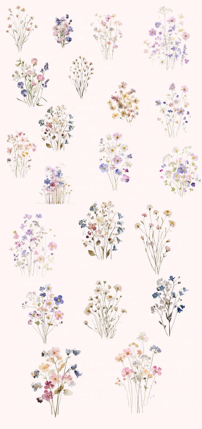 May include: A collection of twenty-one individual watercolor illustrations of wildflower bouquets. Each arrangement features delicate stems, thin green leaves, and small blossoms in shades of pink, blue, purple, yellow, and white on a pale background.