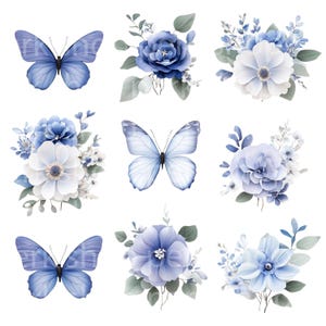 Pacchetto di clipart di farfalle blu - Bouquet floreale PNG per adesivi, illustrazioni digitali ad acquerello azzurro per la creazione di biglietti, design per tatuaggi