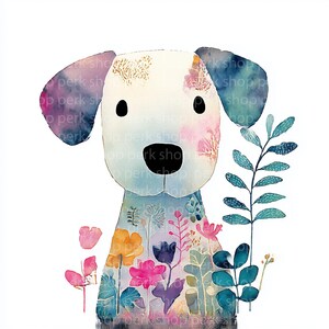 May include: Watercolor illustration of a dog with a floral design. The dog is white with black eyes and nose, and its body is adorned with colorful flowers in shades of pink, orange, and blue. Green leaves and stems surround the dog.