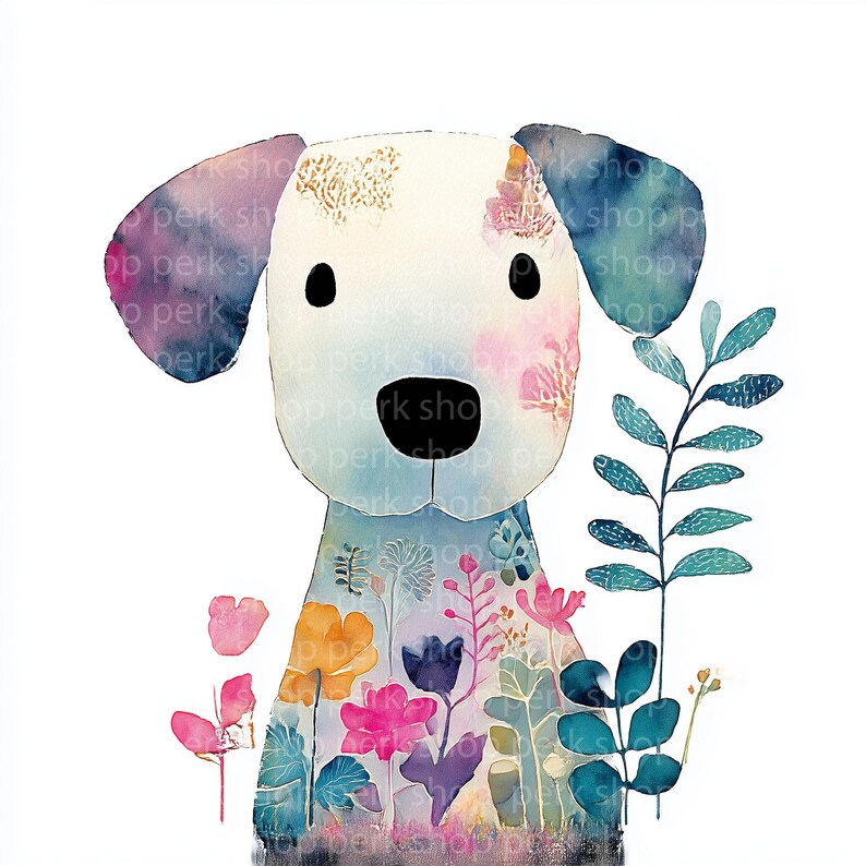 May include: Watercolor illustration of a dog with a floral design. The dog is white with black eyes and nose, and its body is adorned with colorful flowers in shades of pink, orange, and blue. Green leaves and stems surround the dog.