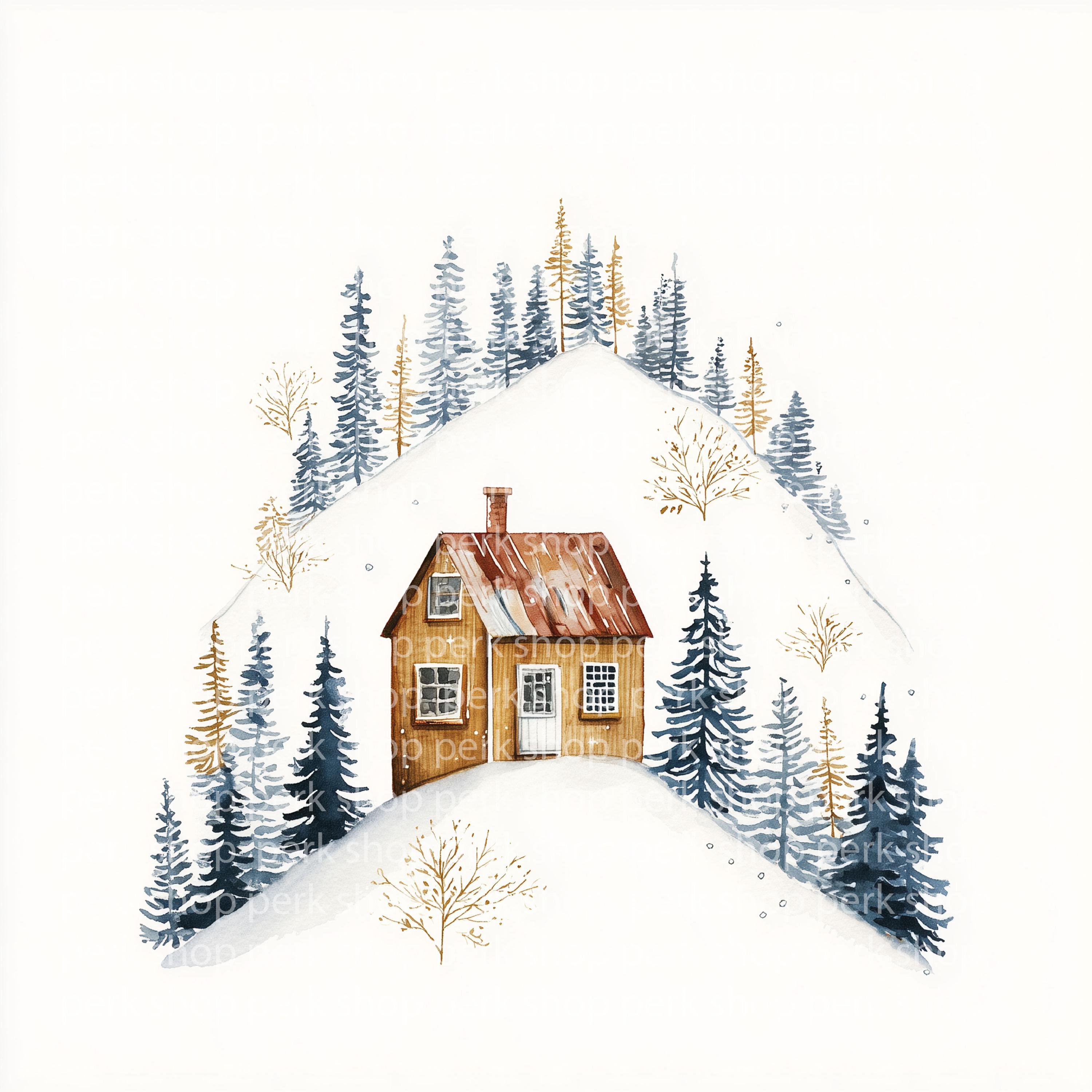 水彩画の冬の小屋のクリップアート | 雪山の家 JPEG - Etsy 日本