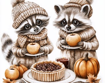 Autumn Raccoon Clipart: Pumpkin Harvest, Fall Animals (Digital Download)