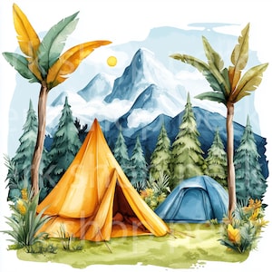 6 Clipart di campi tendati / Illustrazioni ad acquerello di scouting, Arte per la scuola materna all'aperto per inviti, istruzione, libri scolastici, biglietti, digitale