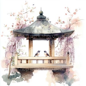 11 Garten Gartenpavillon Clipart, Asiatische Gartenvögel Aquarell, Florale druckbare Kunst, Junk Journaling, hochwertige Illustrationen für die Kartenherstellung