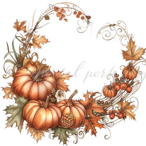 Autumn Pumpkin Wreath Clipart PNG, Fall Floral Frame, Thanksgiving Decor, Rustic Leaves Circle Frame, Harvest Botanical Clipart