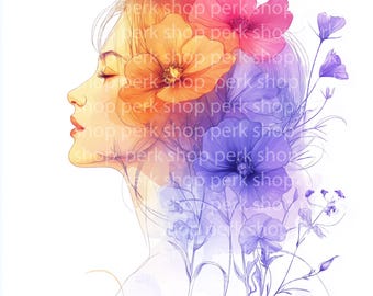 Ryoko 油彩画 女性像 花柄 花柄の女性の水彩画クリップアート：芸術的な女の子のイラスト