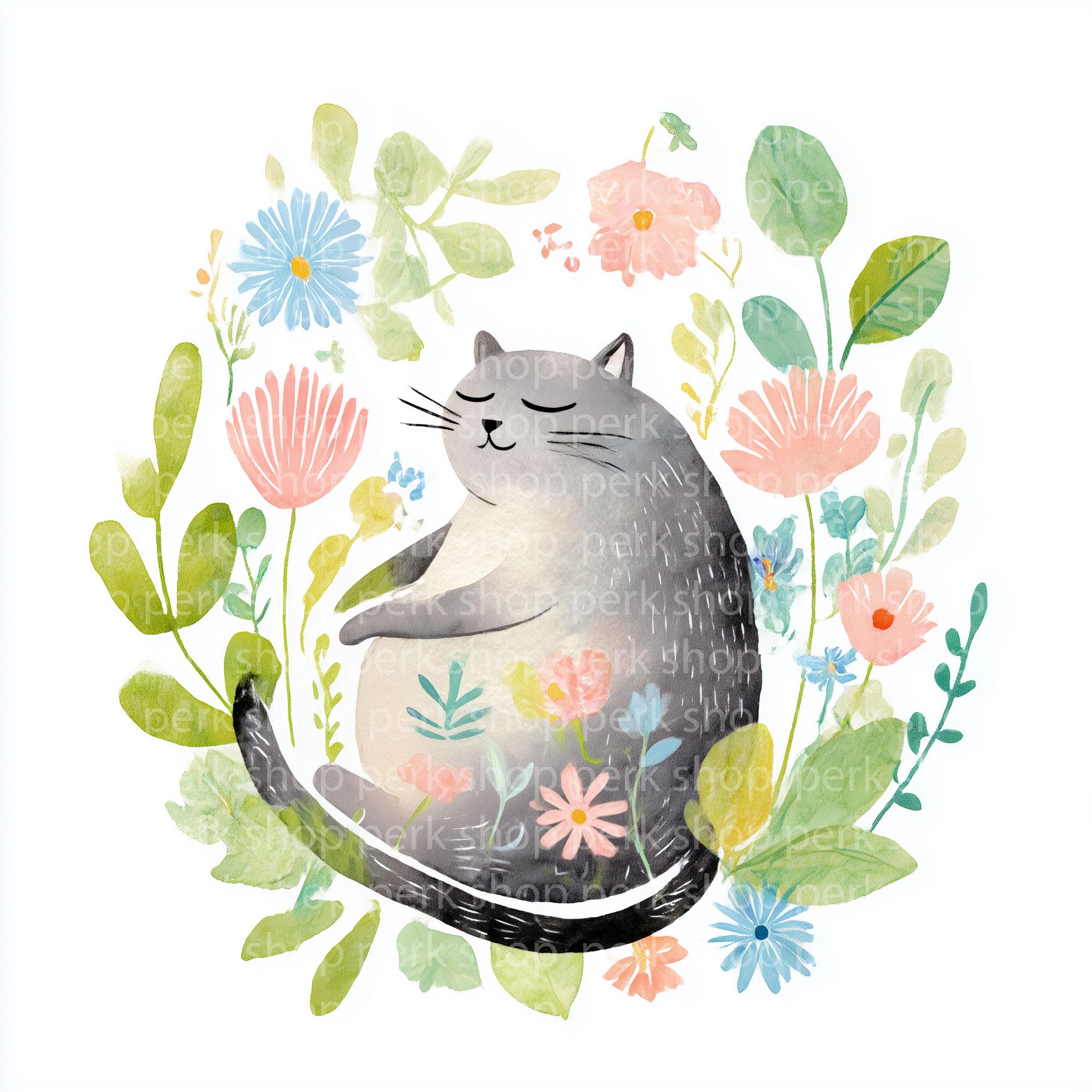 Watercolor Floral Cat Clipart Set, Premade Cute Kitten Graphics, Spring ...
