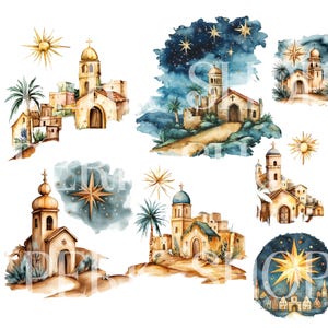 Puede incluir: Ilustraciones de acuarela de una escena de la natividad con una estrella, palmeras y edificios. Las ilustraciones son de estilo vintage con una paleta de colores apagados.