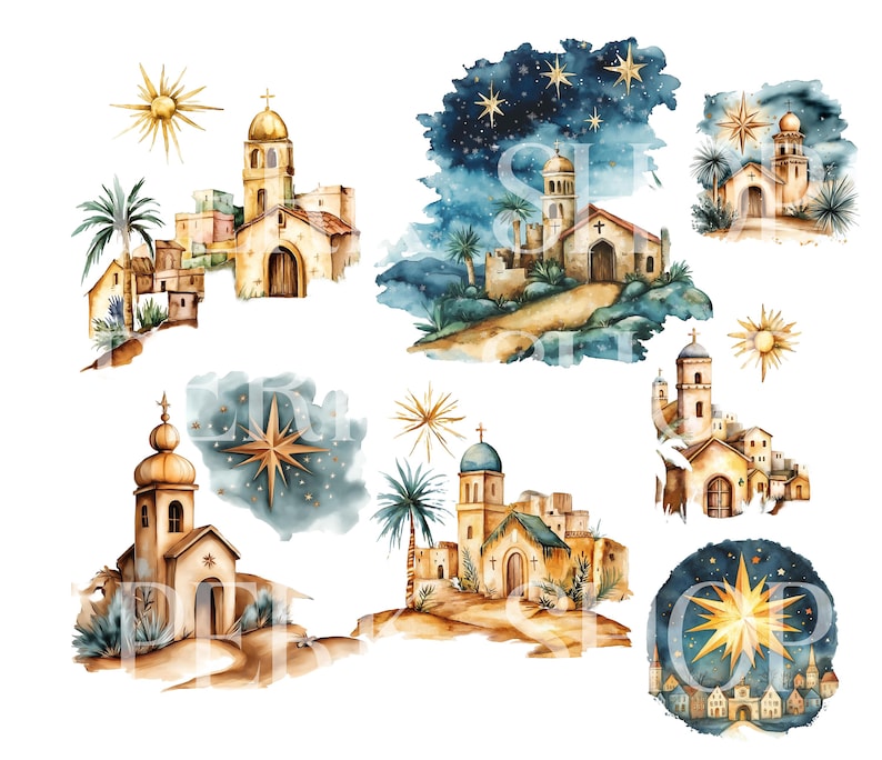 Puede incluir: Ilustraciones de acuarela de una escena de la natividad con una estrella, palmeras y edificios. Las ilustraciones son de estilo vintage con una paleta de colores apagados.