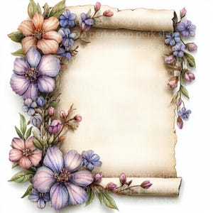 21 clipart de papel de pergaminho floral, clipart de flores de papel antigas, JPGs de alta qualidade, aquarela para impressão, artesanato em papel, diário, pacote digital