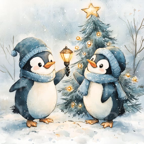 penguins dressed up for christmas Watercolor Penguin Clipart: Xmas Tree Art (Digital Download) Color:Ice Gray Rosie Assoulin Gathered Ruffle ruffle outfit cute christmas penguin drawing and holiday decor