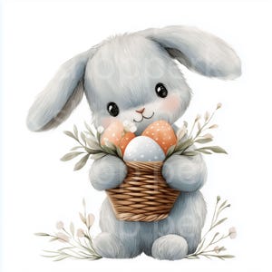 Clip-art de Páscoa, clipart de aquarela de coelho da Páscoa para impressão, coelho com flores de cesta de ovos, papel para artesanato de scrapbooking, adesivo de cartão, digital