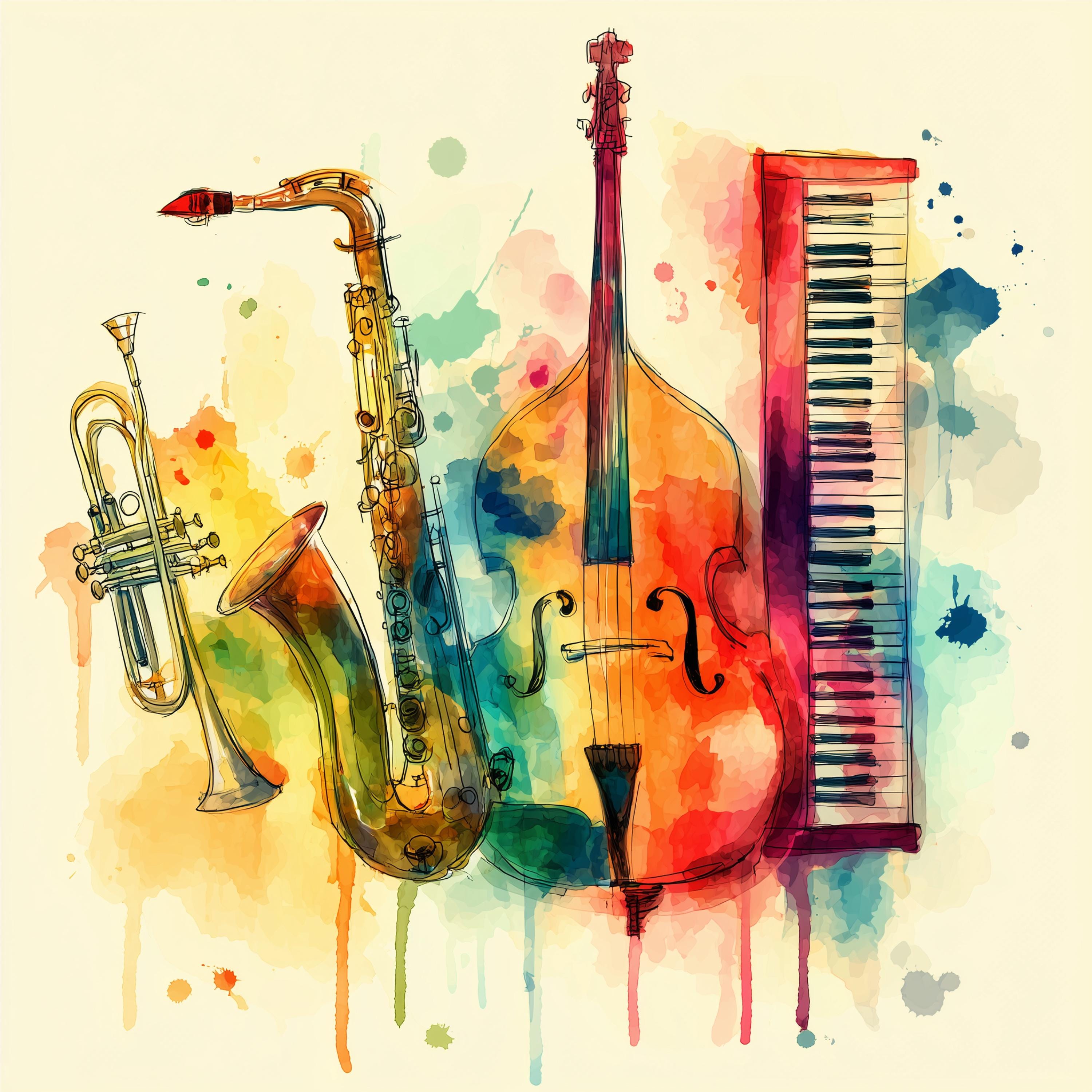 Watercolor Jazz Instruments Clipart: Piano, Saxophone, Trumpet