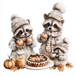 Clipart famille automne raton laveur, récolte de citrouilles d'automne, papier artisanal imprimable animal, sublimation, téléchargement numérique, scrapbooking, sticker autocollant