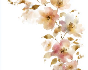 Watercolor Wild Rose Clipart, Floral Border PNG (Digital Download)