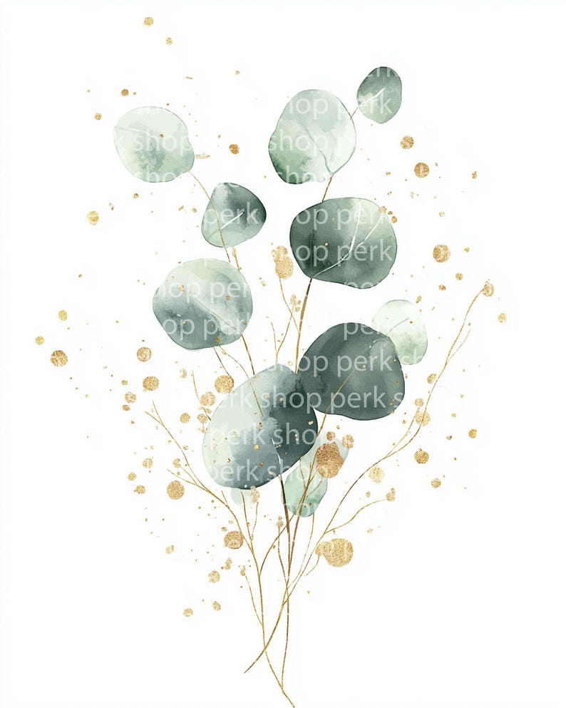 Eucalyptus Gold Leaf Clipart: Watercolor Foliage Art (digital Download ...