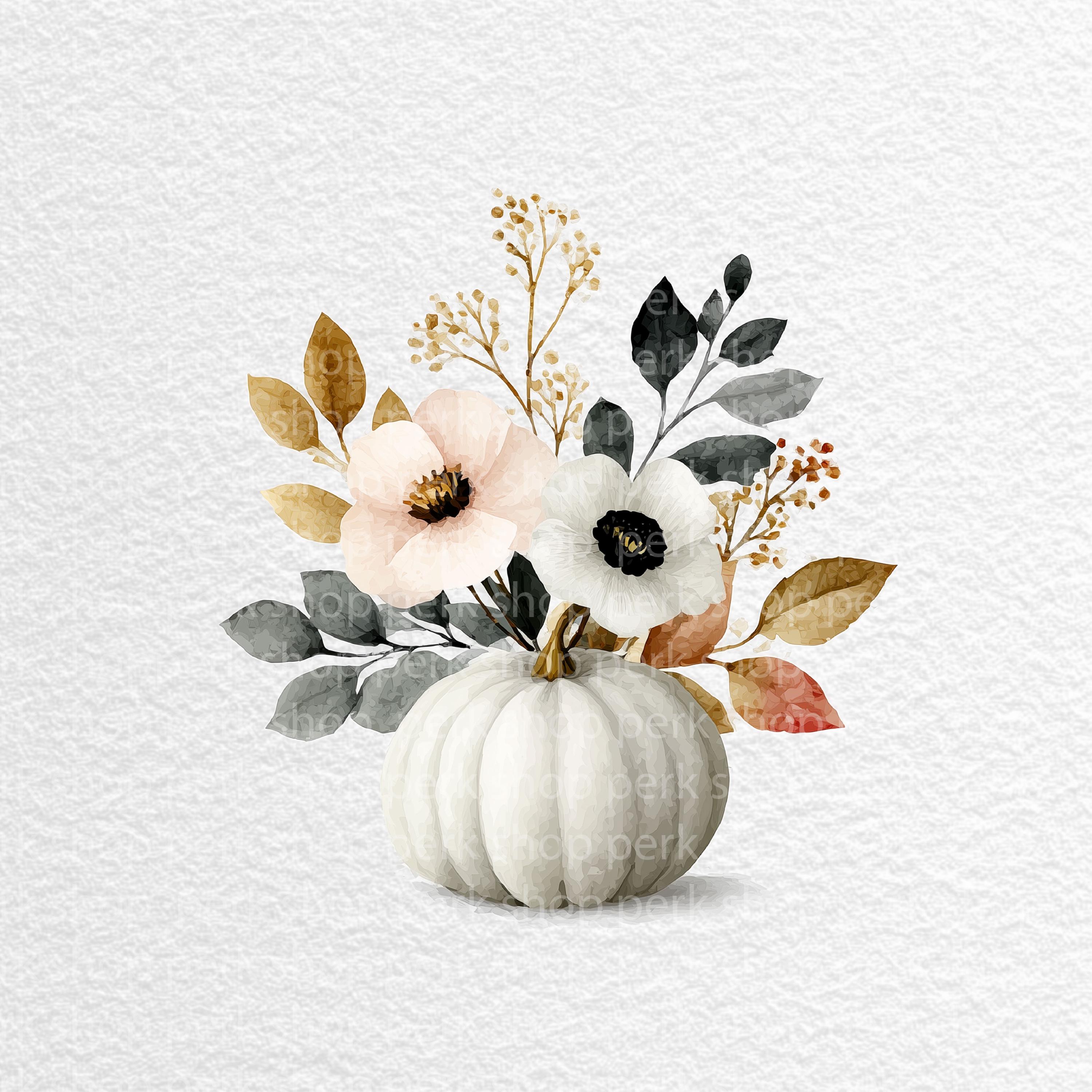 White Pumpkin Watercolor Clipart: Elegant Fall Bouquet (digital ...