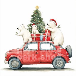 Christmas car with polar bears watercolor clipart, Holiday printable craft card, scrapbook paper, sticker, decal digital download, cartoon