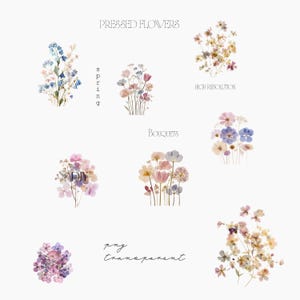 May include: A collection of digital illustrations featuring various pressed flower bouquets in shades of blue, pink, purple, and yellow. The image includes the text PRESSED FLOWERS, spring, HIGH RESOLUTION, Bouquets, DIY, and png transparent.